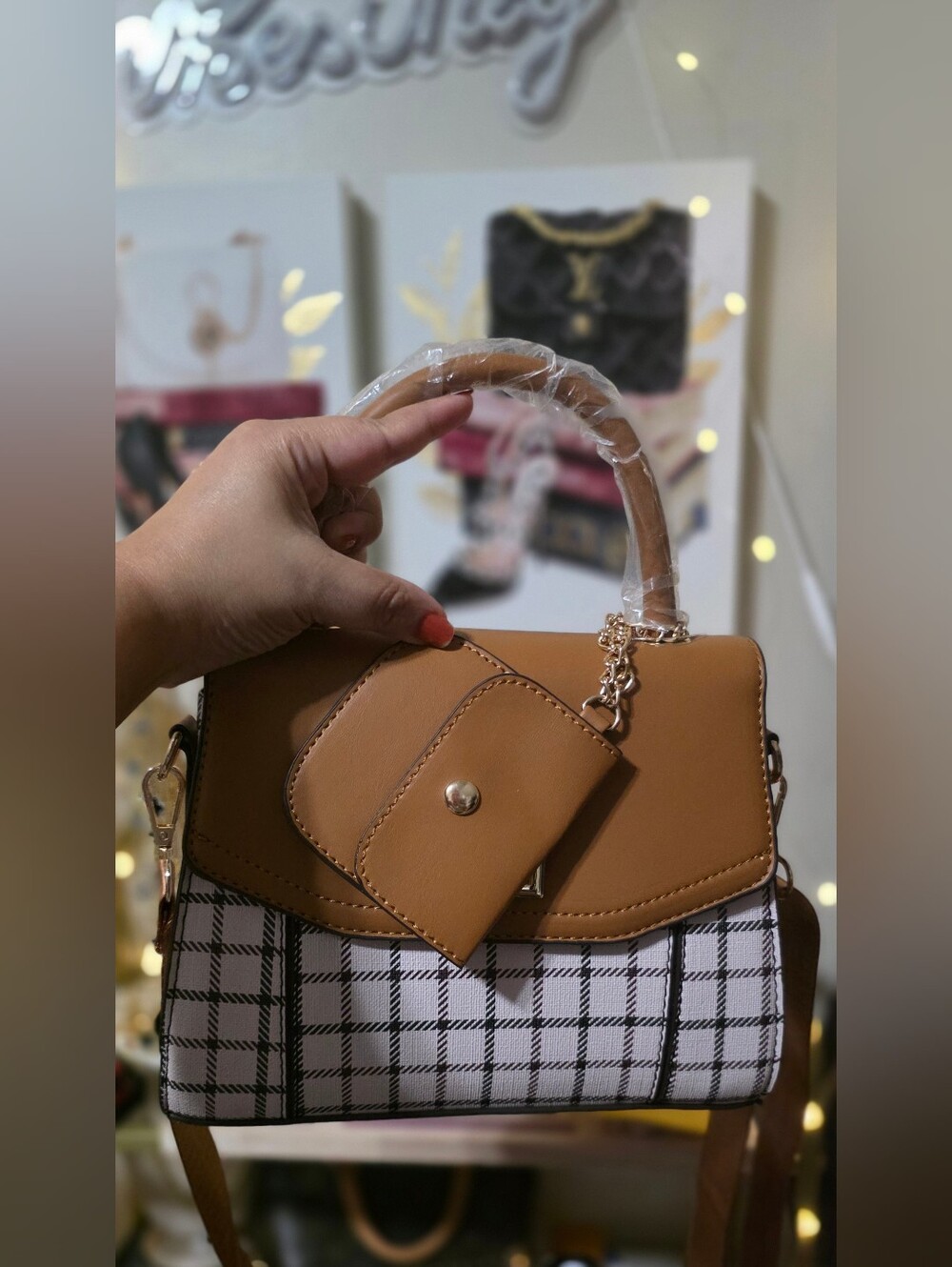 Tan & White Checktop Women's Satchel Bag with Coin Pouch
